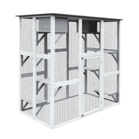 Large Solid Wood Cat Cage Play Enclosure (Color: Grey)